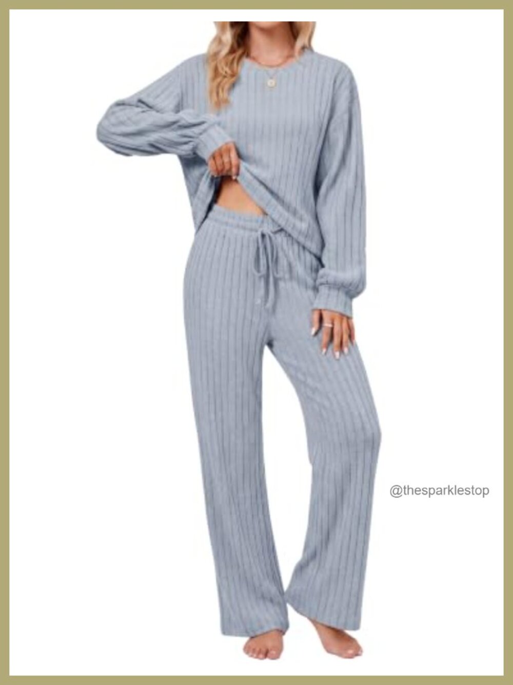 Ribbed Long Sleeve Pajama Set Wide Leg Lounge Pants Pockets